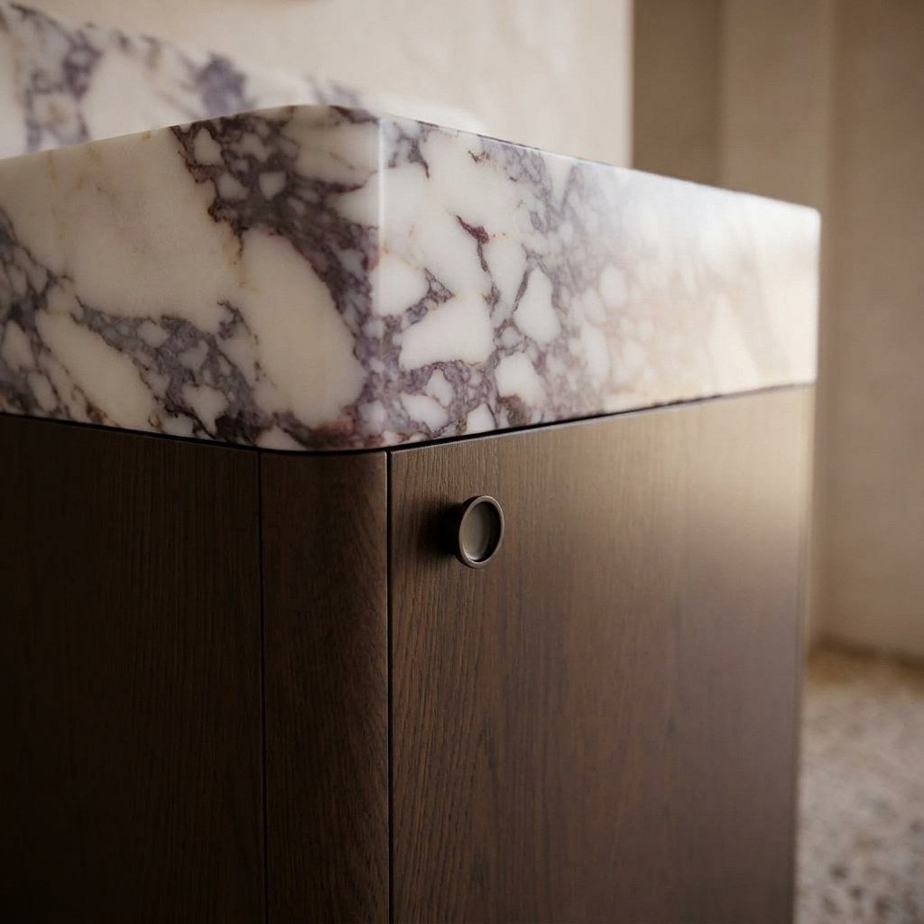 Calacatta Viola Honed Marble Vanity with Backsplash — detail — view 4