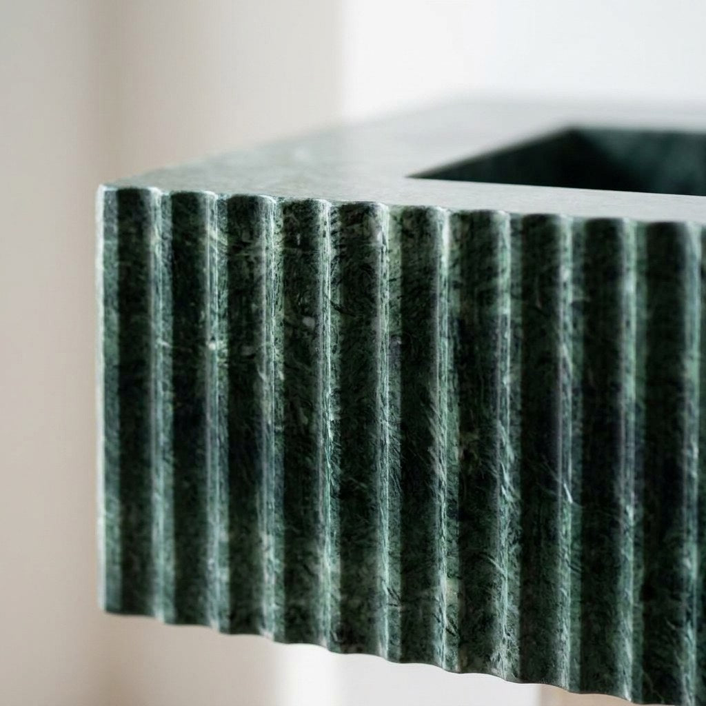 Verde Fluted Marble Sink with Integrated Backsplash — marble detail — view 3