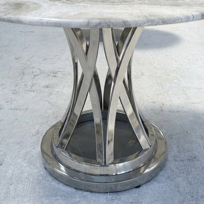 Polished Carrara Marble Table with Brushed Steel Base — detail