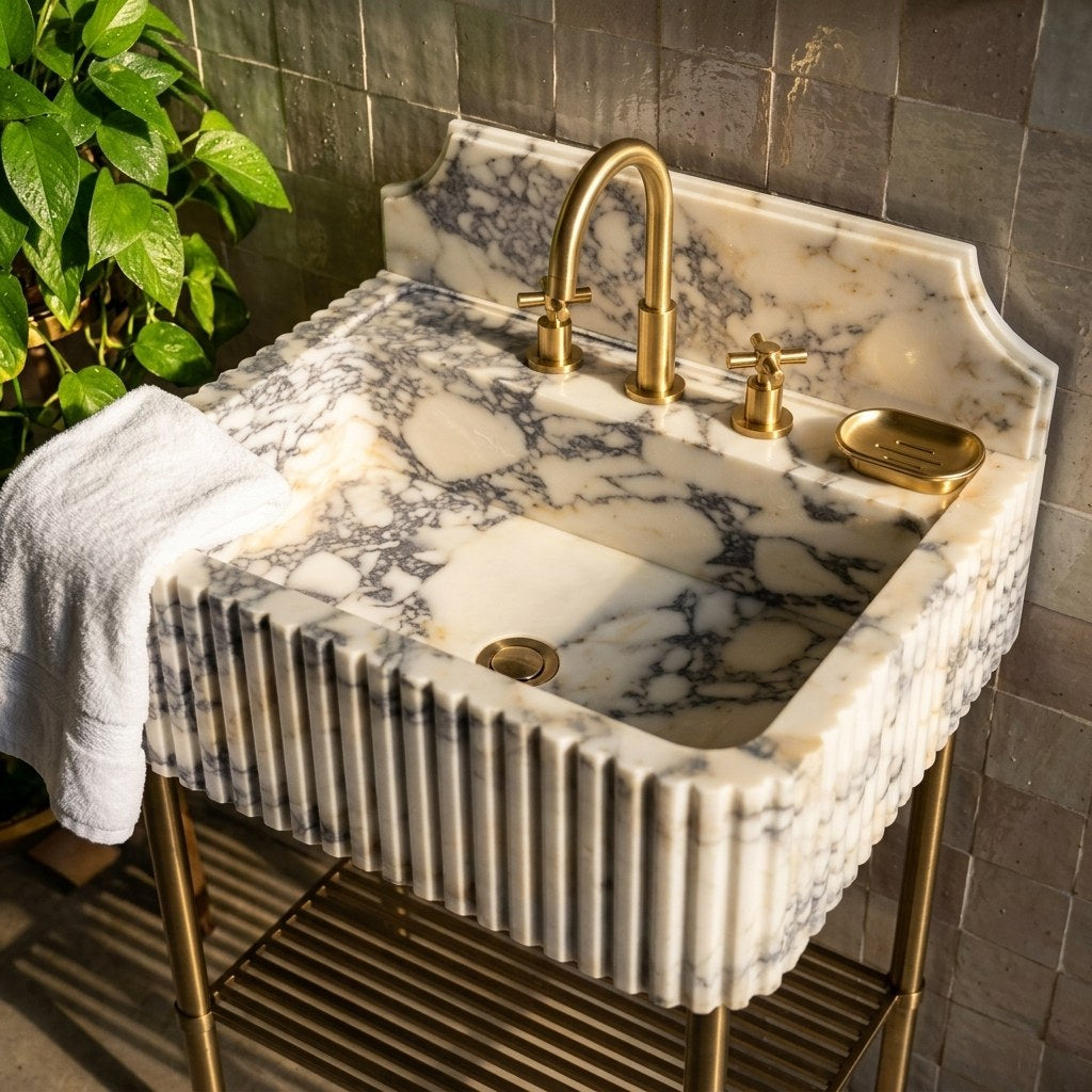 Calacatta Viola Fluted Marble Sink with Copper Stand — premium — view 2