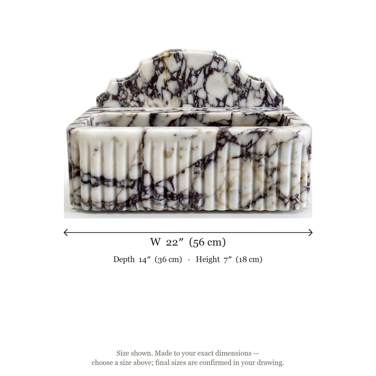 Calacatta Viola Fluted Marble Sink with Backsplash — dimensions — view 5