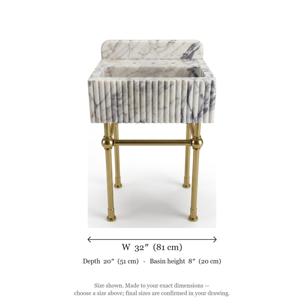 Calacatta Viola Fluted Marble Console Sink with Brass Stand — dimensions — view 5