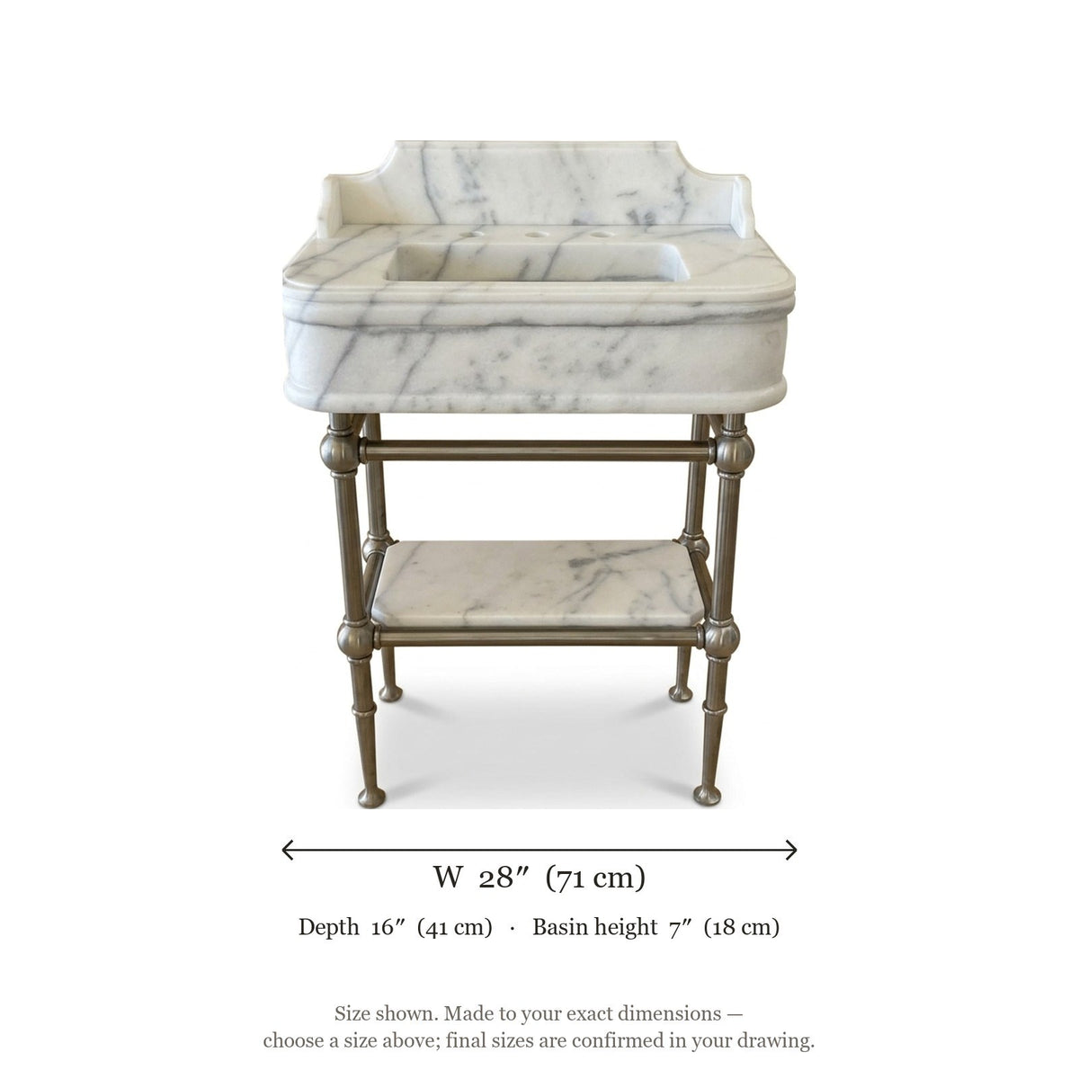 Carrara Marble Sink with Metal Stand and Backsplash — dimensions — view 4