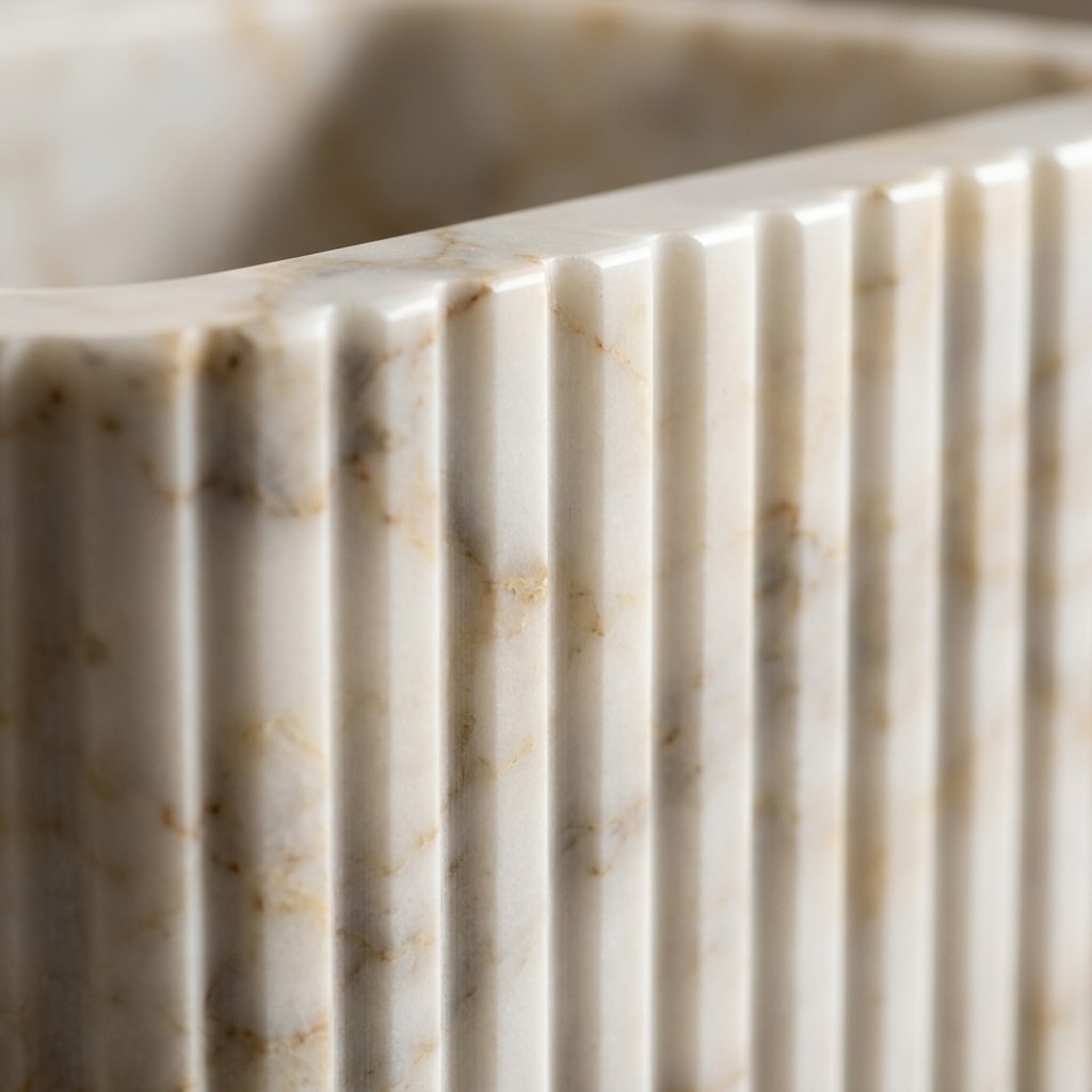 Calacatta Gold Fluted Marble Sink with Brass Stand and Backsplash — marble detail — view 2