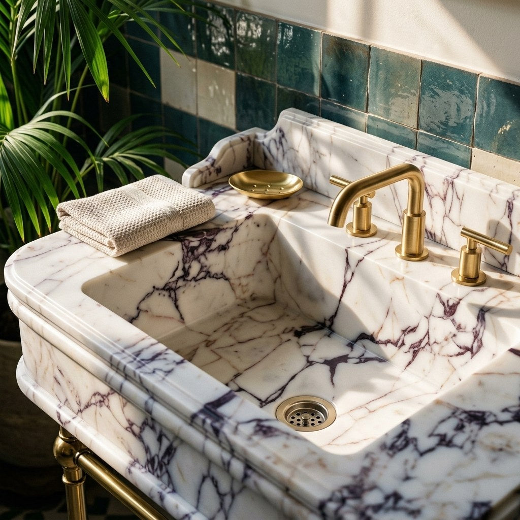 Calacatta Viola Marble Sink with Brass Gold Stand — premium — view 2
