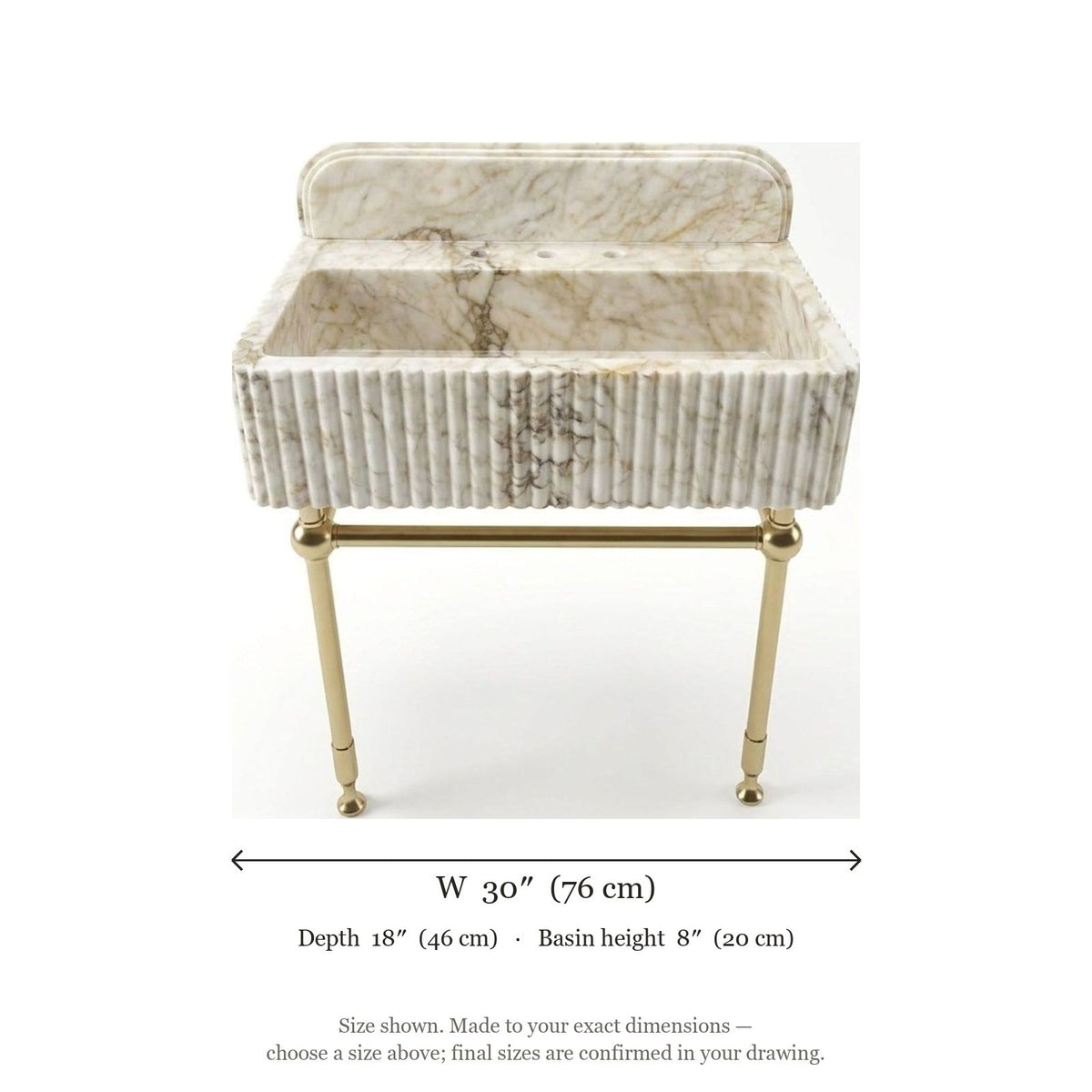Calacatta Gold Fluted Marble Sink with Brass Stand — dimensions — view 5