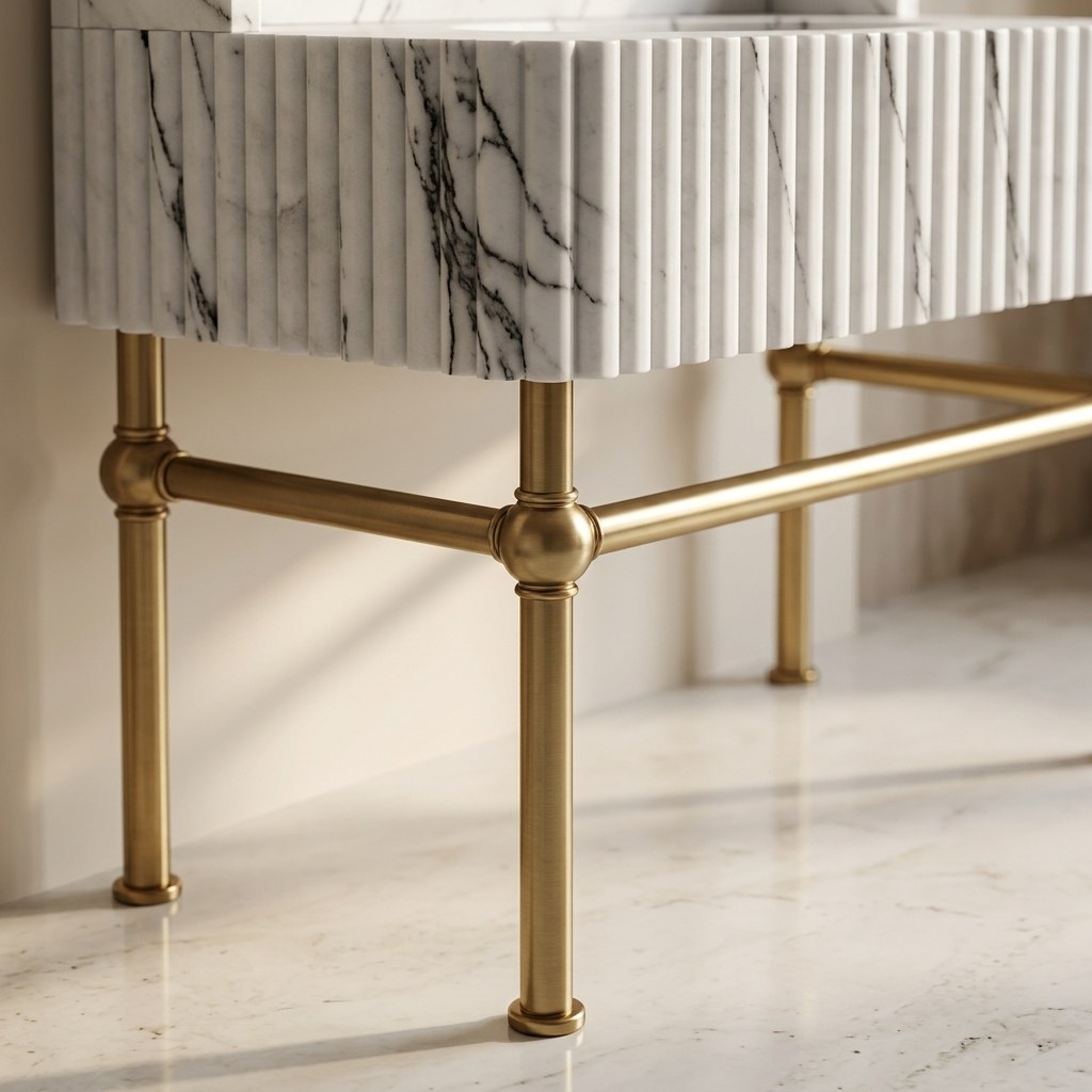 Lilac Fluted Marble Sink with Backsplash and Brass Stand — detail — view 4