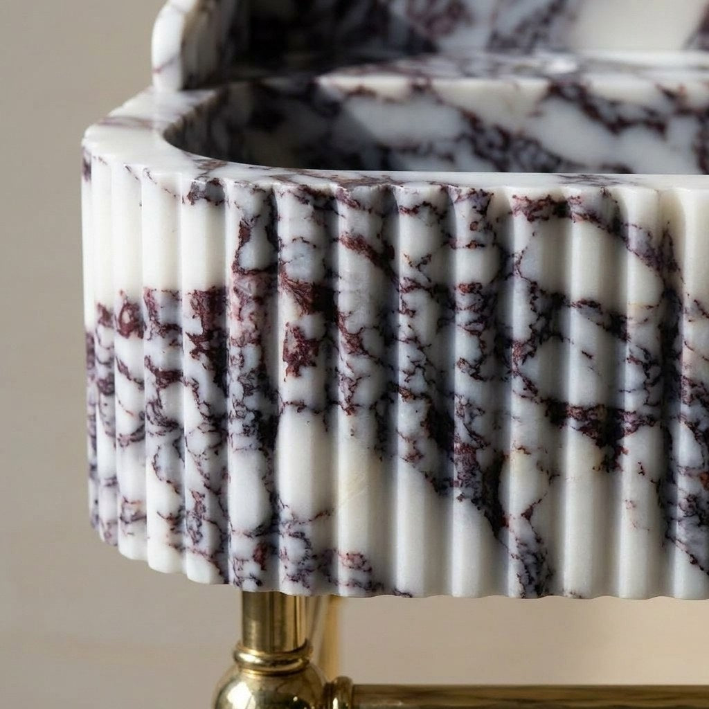 Calacatta Viola Fluted Marble Sink with Brass Stand and Backsplash — marble detail — view 3