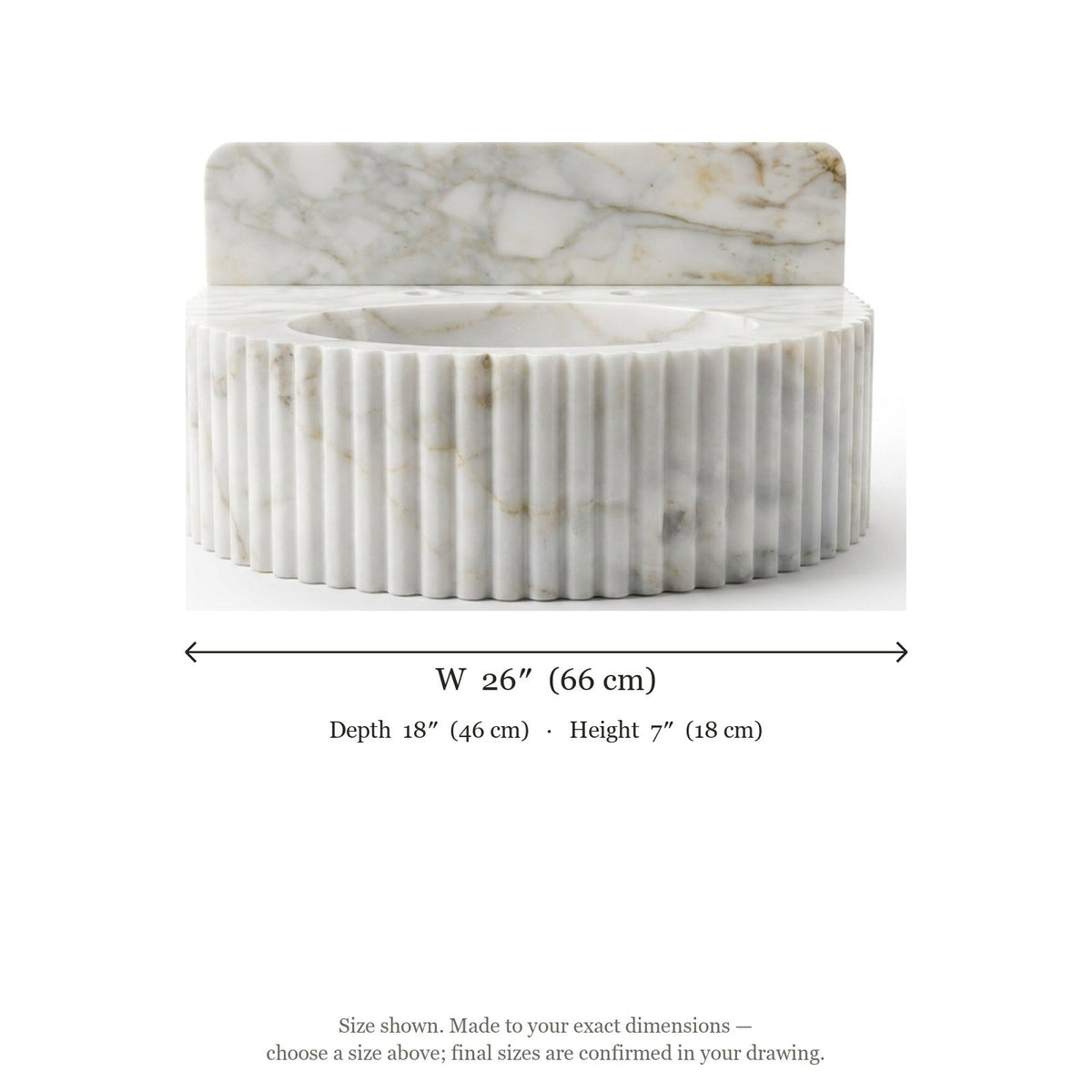 Carrara Fluted Marble Sink with Backsplash — dimensions — view 5