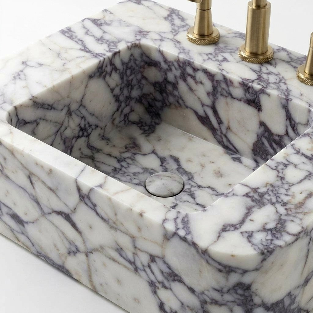 Calacatta Viola Polished Marble Sink with 3 Faucet Holes — detail — view 4