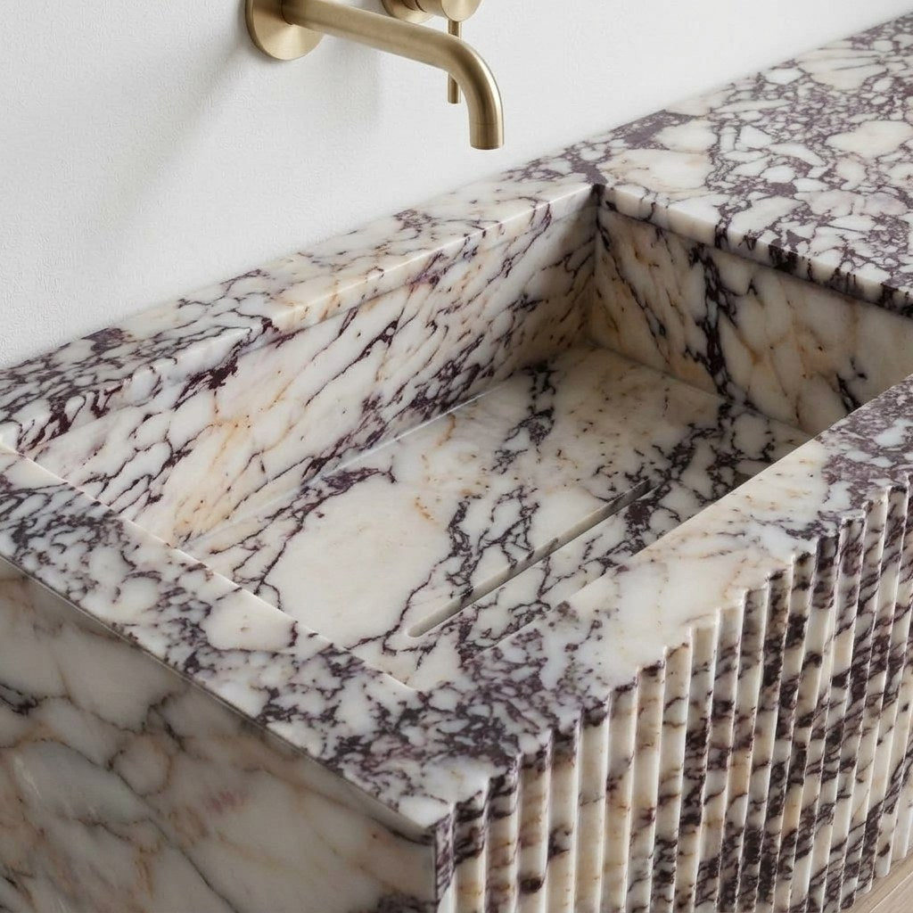 Calacatta Viola Fluted Polished Marble Sink — detail — view 4