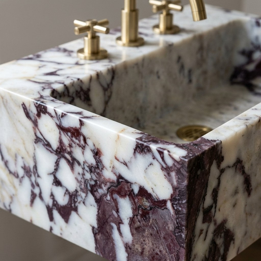 Calacatta Viola Polished Marble Sink with 3 Faucet Holes — marble detail — view 3