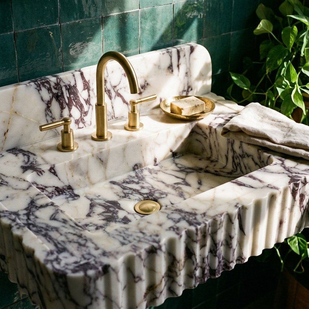 Calacatta Viola Fluted Marble Sink with Backsplash — premium — view 2