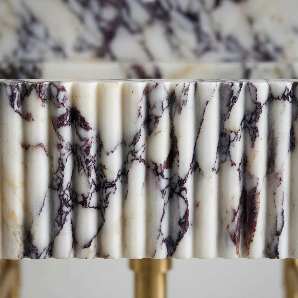 Calacatta Viola Fluted Marble Sink with Brass Stand — marble detail — view 3