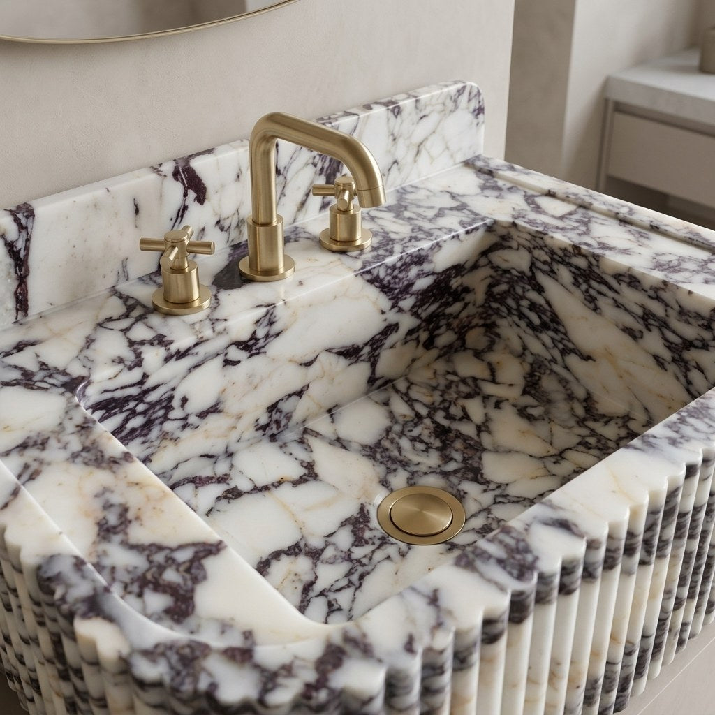 Calacatta Viola Fluted Marble Sink with Backsplash — detail — view 4