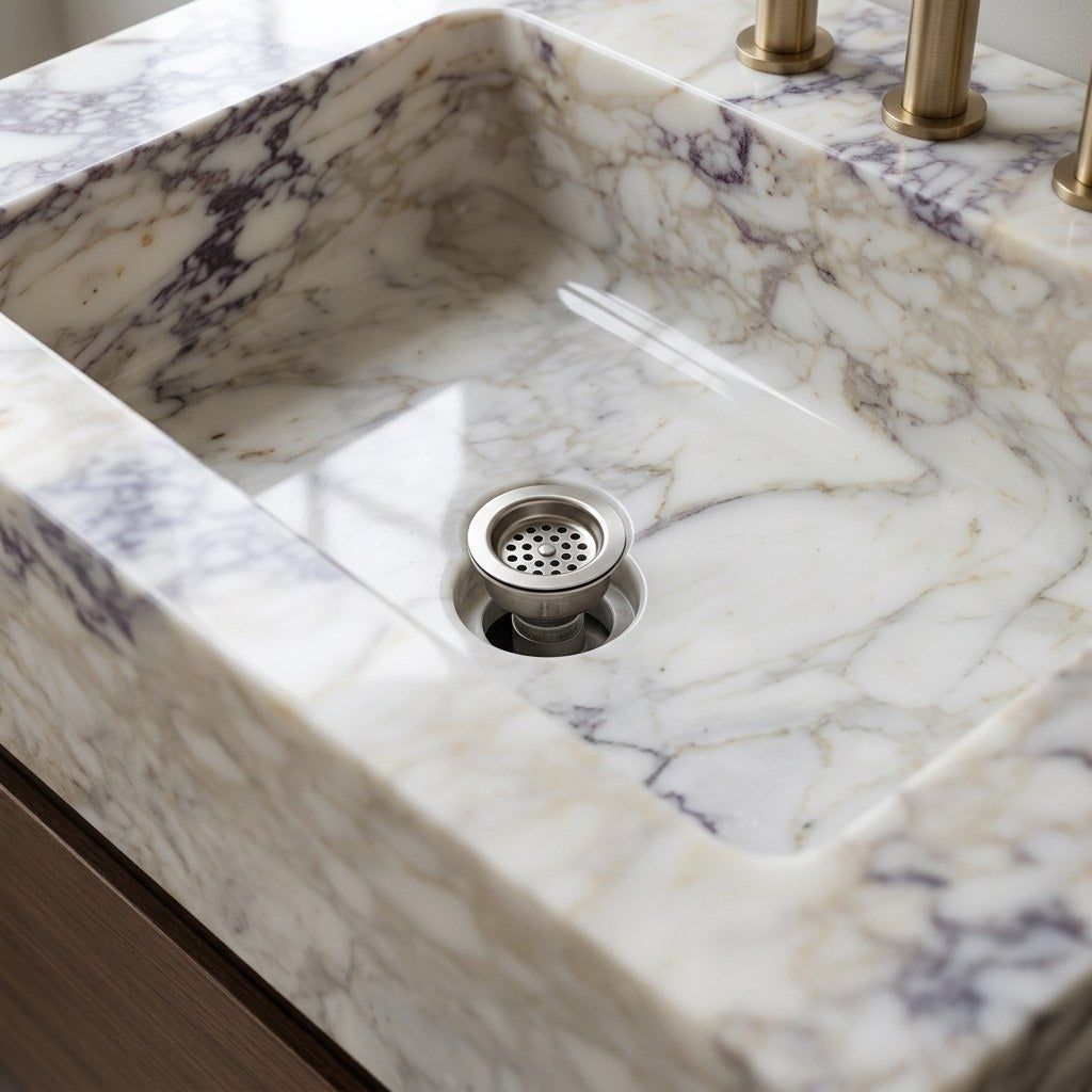 Calacatta Viola Honed Marble Sink with Three Faucet Holes — detail — view 4