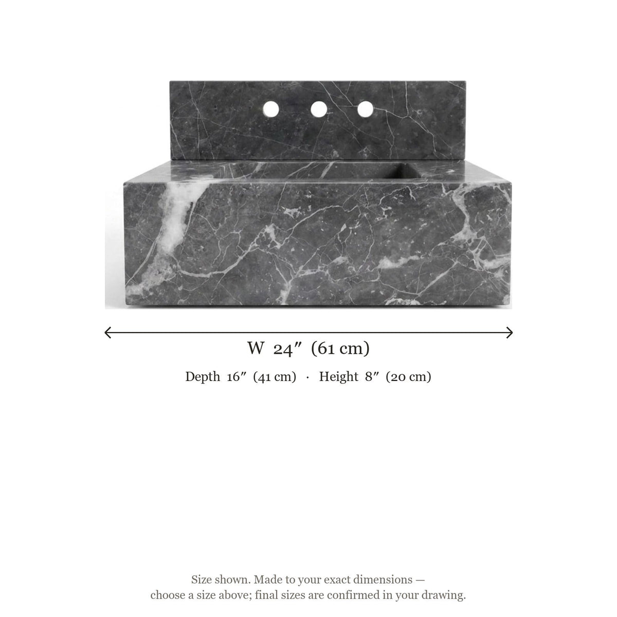 Pietra Notte Honed Marble Sink with Backsplash — dimensions — view 4