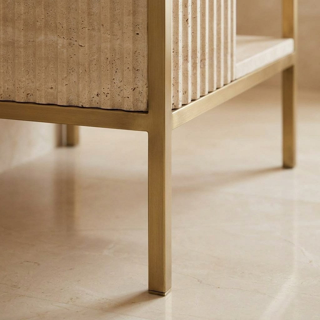 Fluted Travertine Sink with Brass Stand and Backsplash — detail — view 4