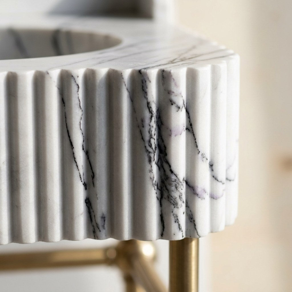 Lilac Fluted Marble Sink with Backsplash and Brass Stand — marble detail — view 3