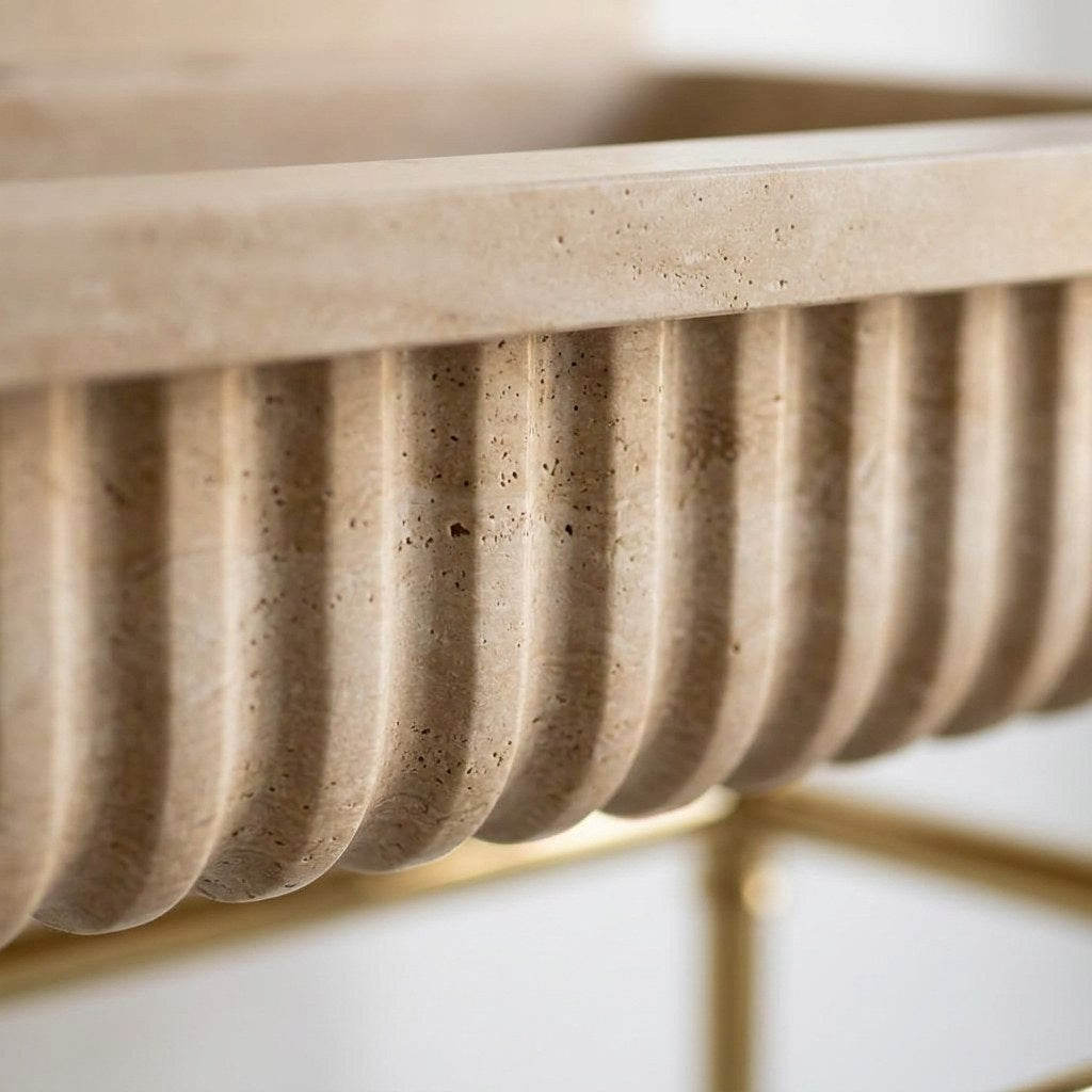 Travertine Fluted Console Sink with Brass Stand — marble detail — view 3