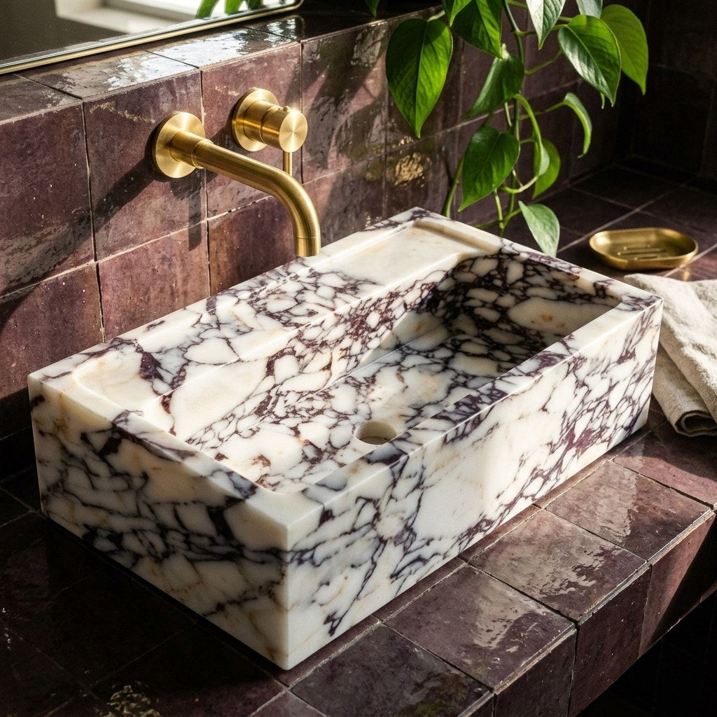 Calacatta Viola Polished Rectangular Vessel Marble Sink — premium — view 2