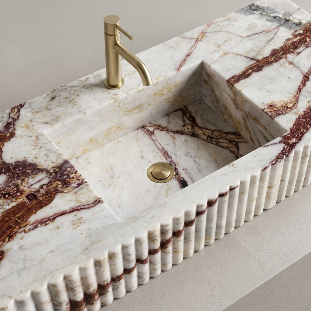 Calacatta Rosso Viola Fluted Marble Sink — detail — view 3