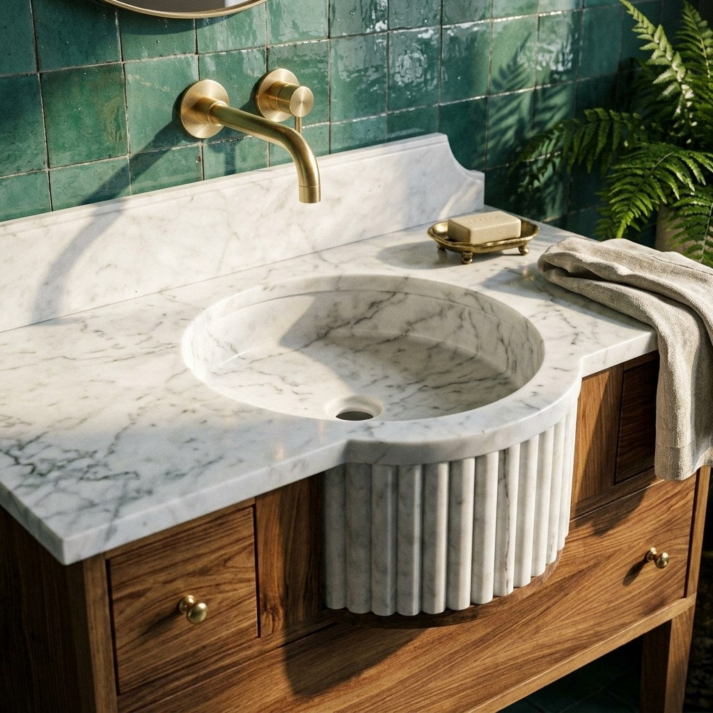 Carrara Marble Fluted Vanity Sink with Backsplash — premium — view 2