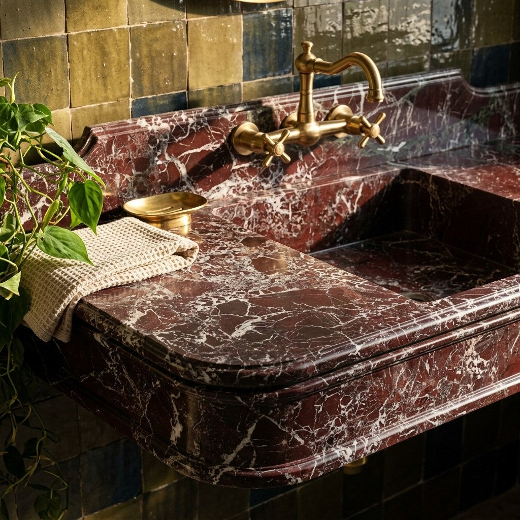 Rosso Levanto Marble Sink with Integrated Backsplash — premium — view 2