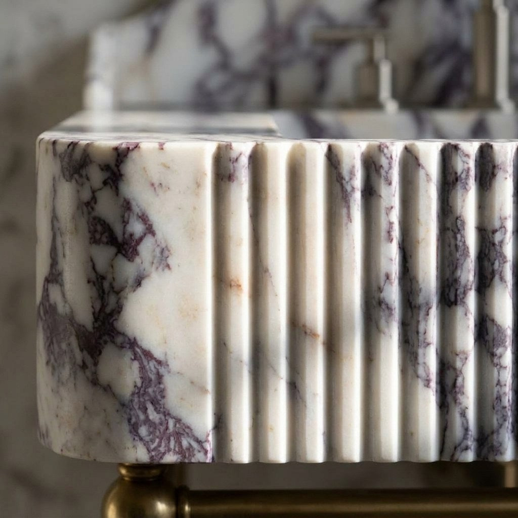 Calacatta Viola Fluted Marble Sink with Brass Stand and Backsplash — marble detail — view 2