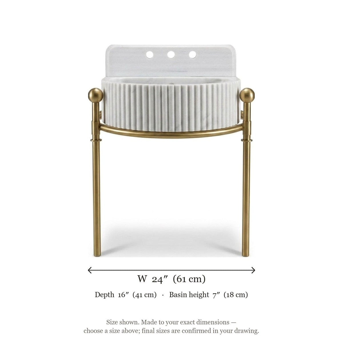 Carrara Fluted Marble Sink with Brass Stand — dimensions — view 5
