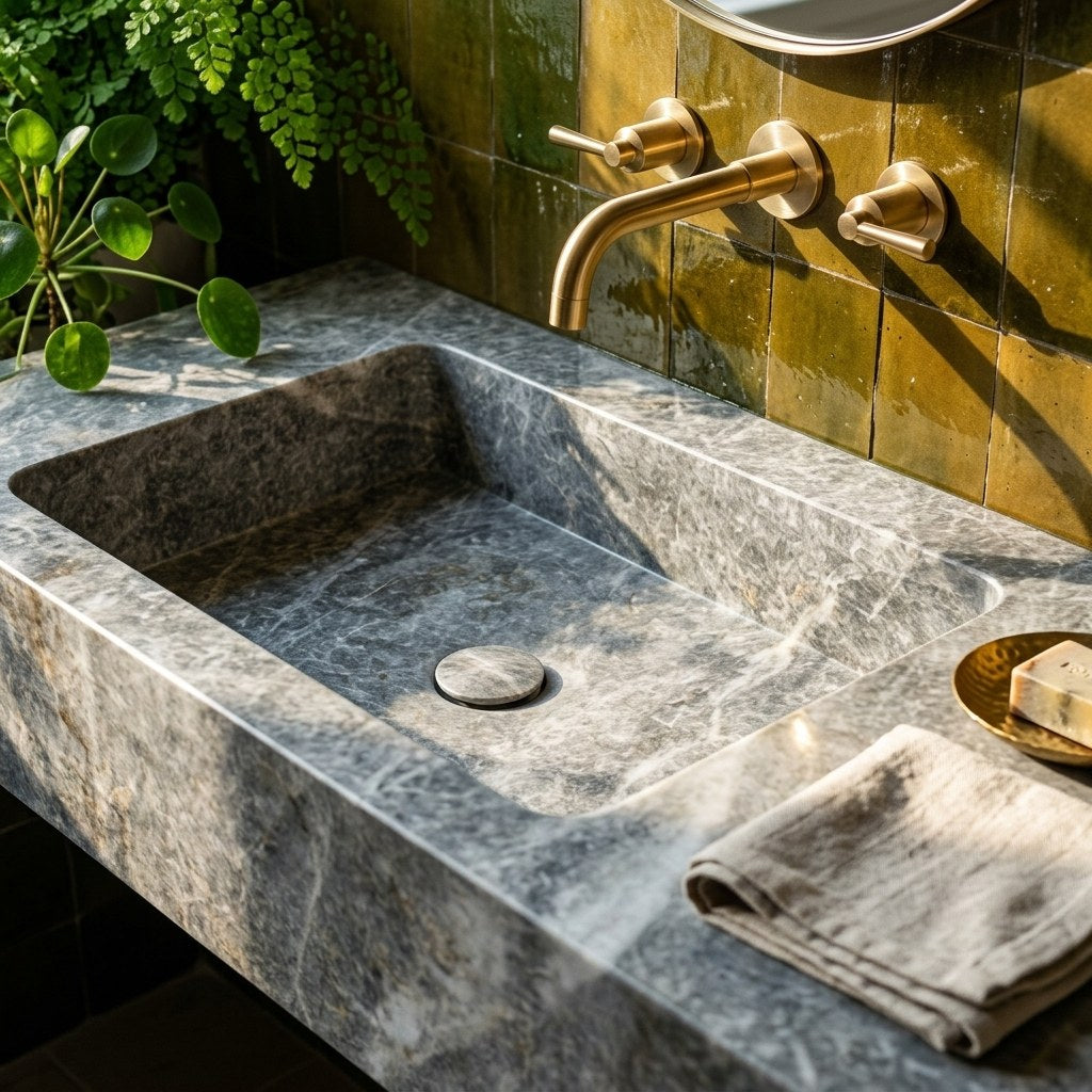 Polished Grey Marble Rectangular Vessel Sink — premium — view 2