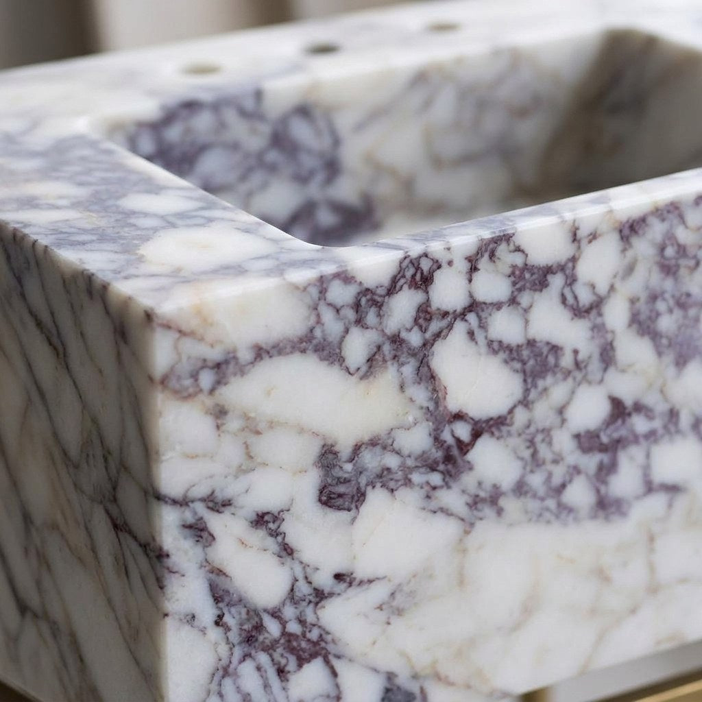 Calacatta Viola Honed Marble Sink with Brass Stand — marble detail — view 3