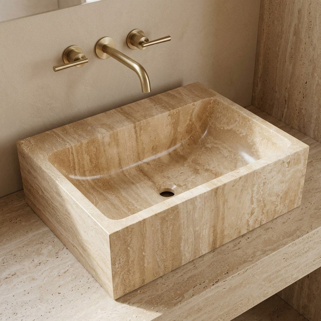 Travertine Rectangular Polished Vessel Sink — marble detail — view 3
