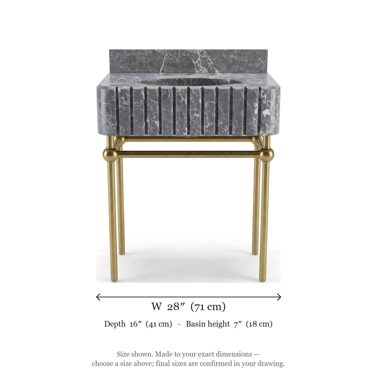 Pietra Notte Fluted Marble Sink with Brass Stand — dimensions — view 5