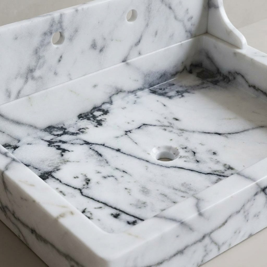 Carrara Honed Marble Sink with Integrated Backsplash — detail — view 2