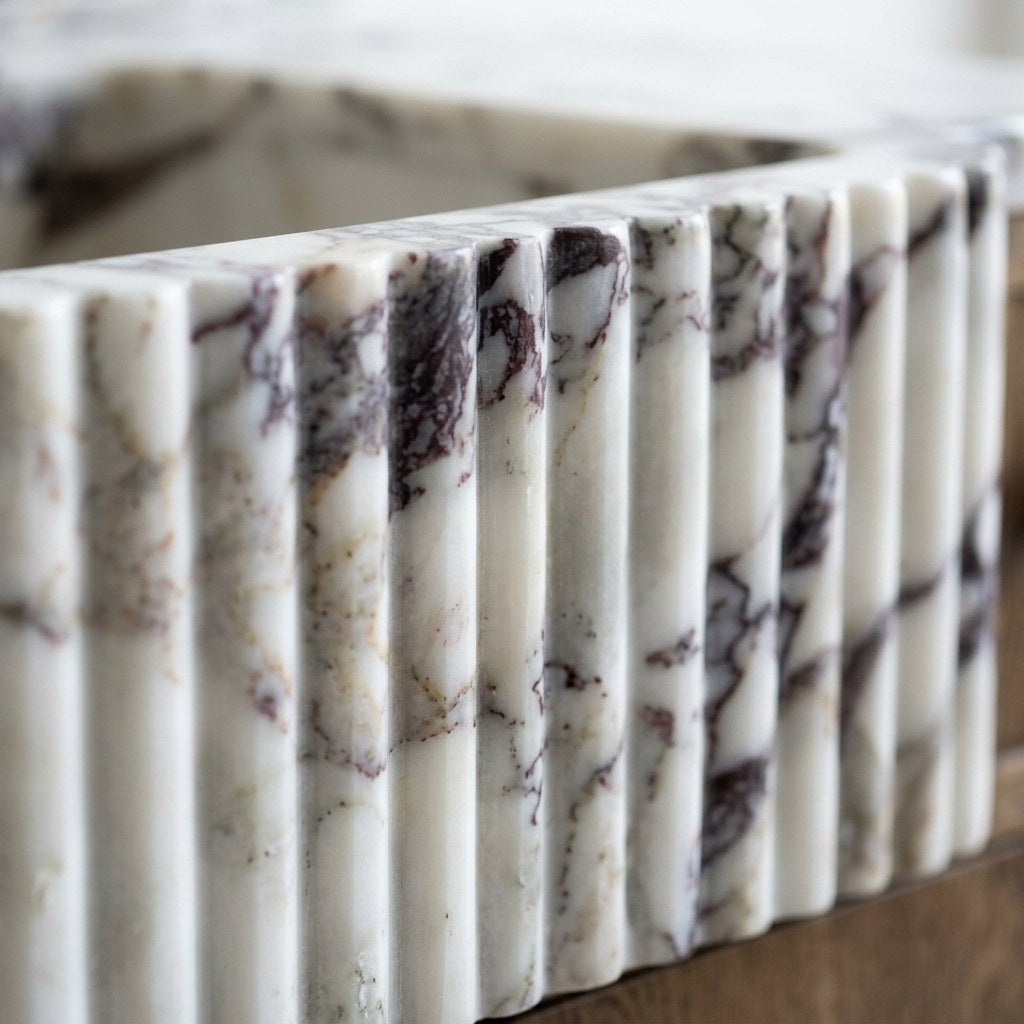 Calacatta Viola Fluted Marble Vanity with Backsplash — marble detail — view 3