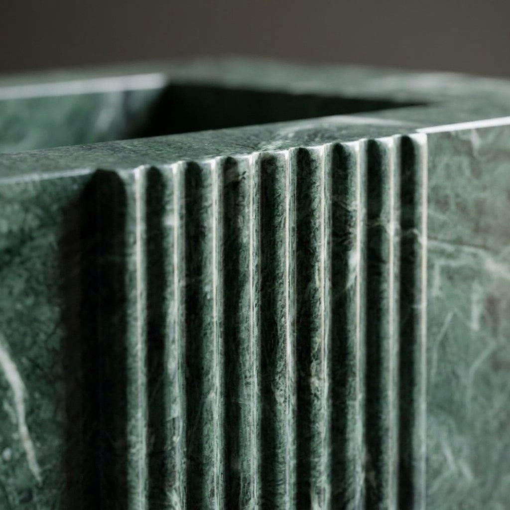 Verde Polished Fluted Marble Sink — marble detail — view 3