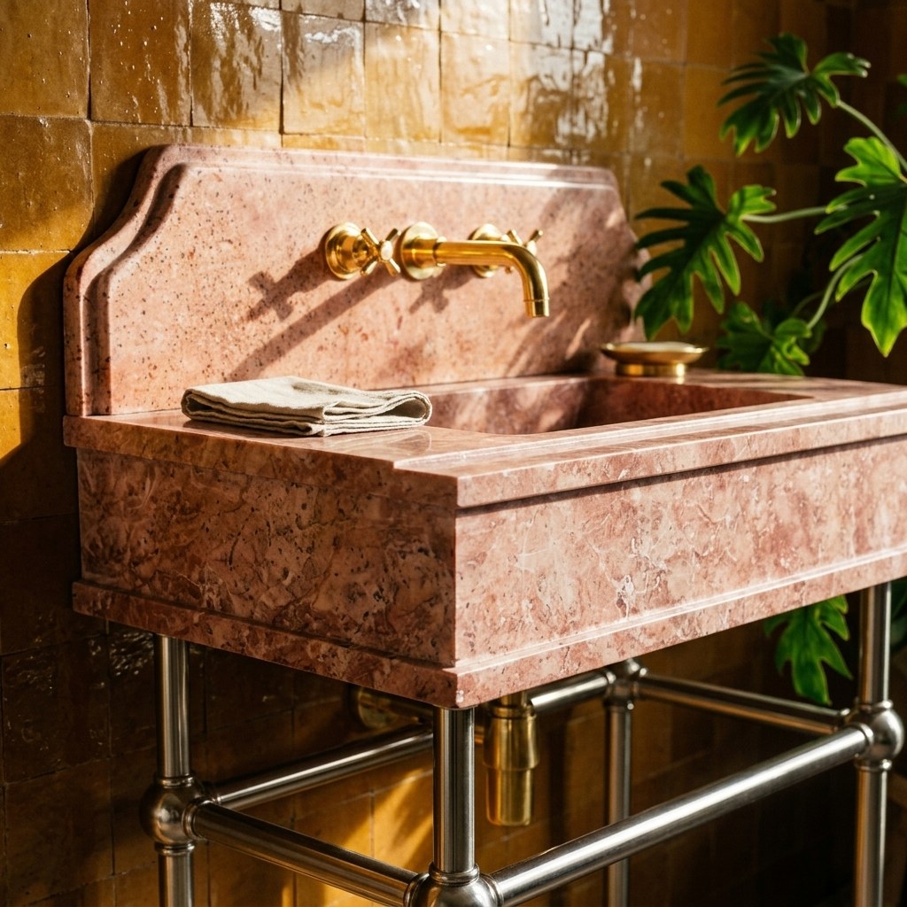 Polished Travertine Sink with Backsplash and Brushed Steel Stand — premium — view 2