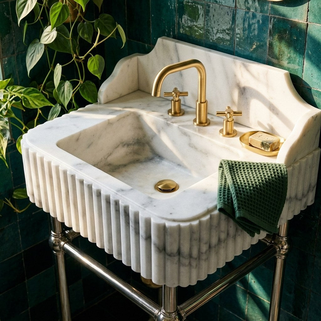 Carrara Fluted Marble Sink with Metal Stand and Backsplash — premium — view 2