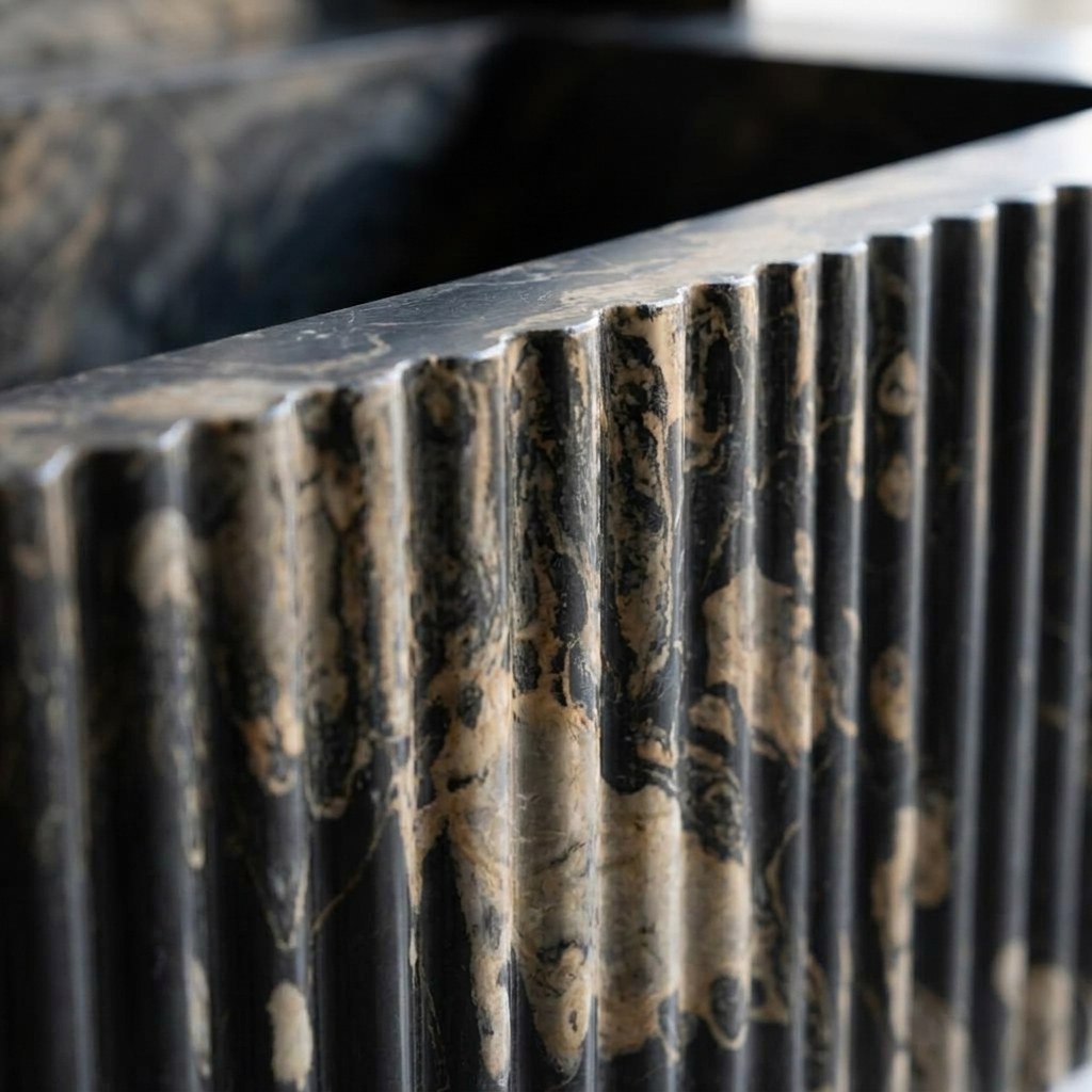 Picasso Honed Fluted Marble Sink with Backsplash — marble detail — view 3