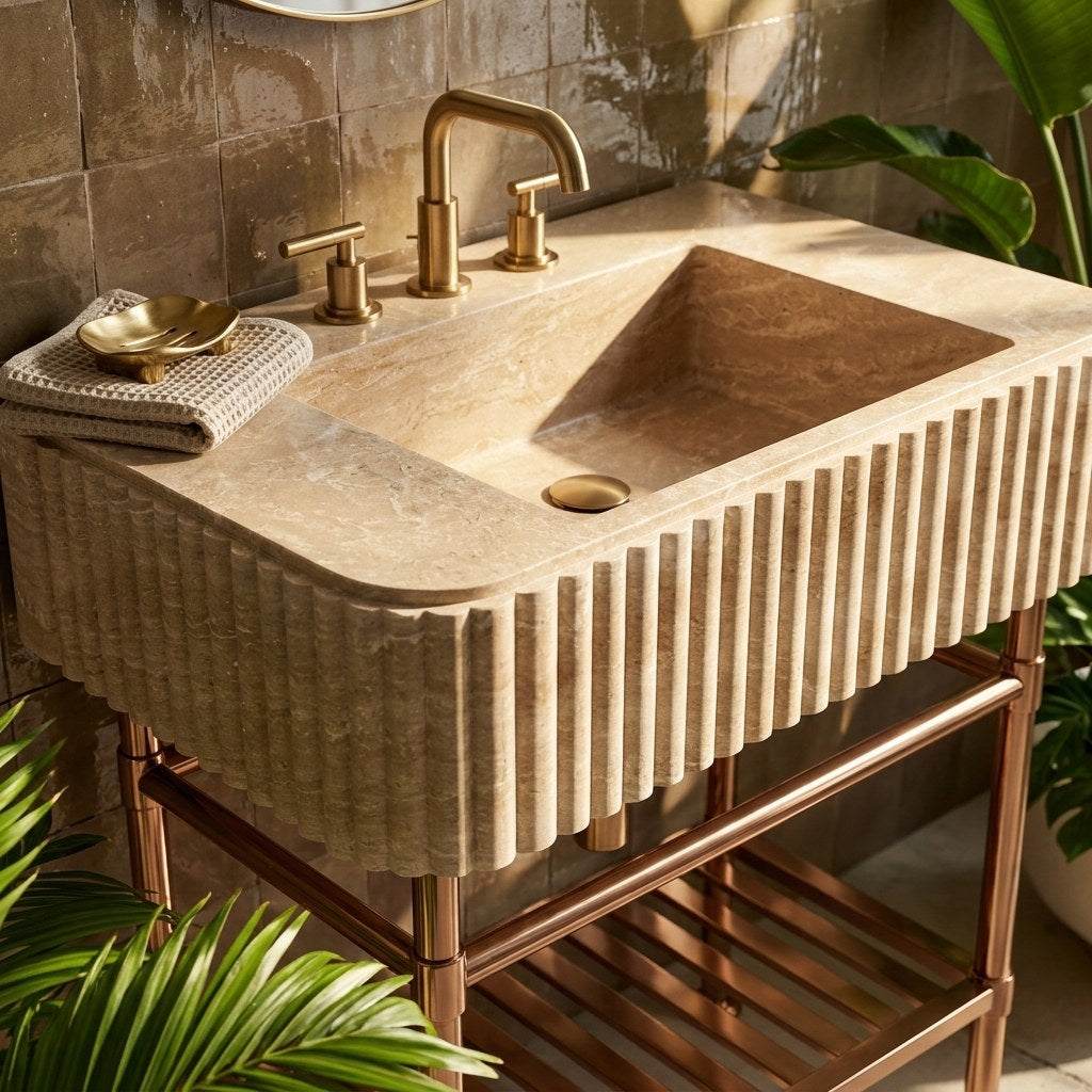 Travertine Fluted Sink with Copper Stand — premium — view 2