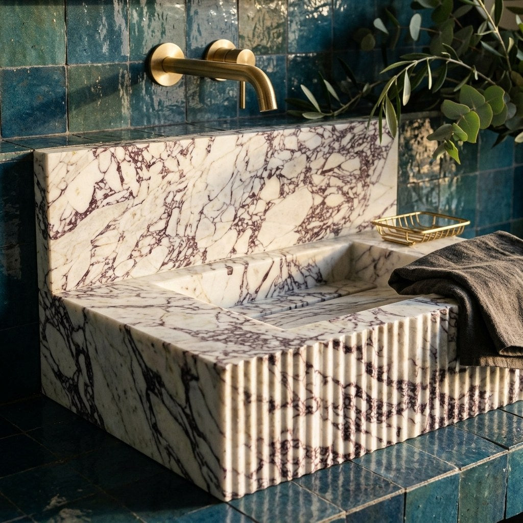 Calacatta Viola Fluted Marble Sink with Backsplash — premium — view 2