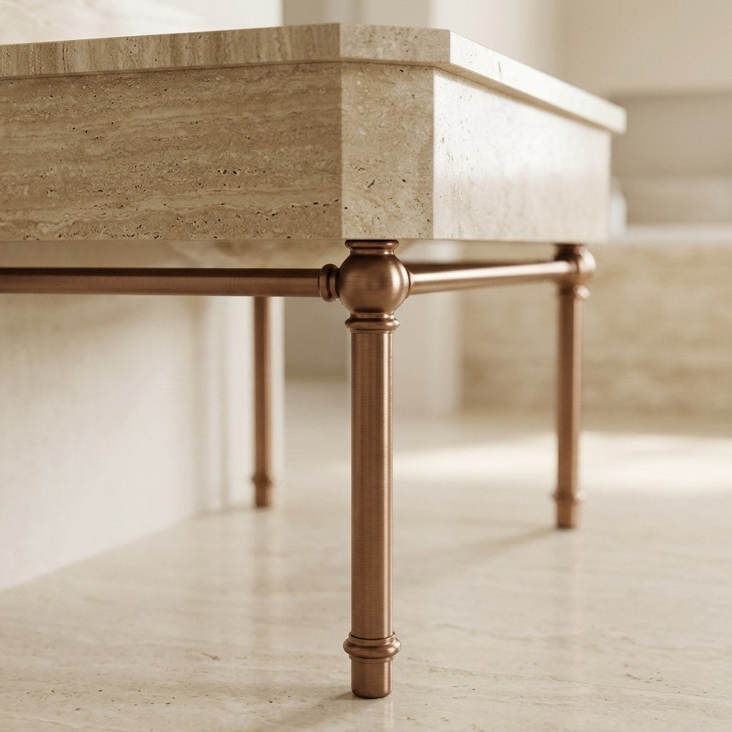 Polished Travertine Console Sink with Copper Stand and Backsplash — detail — view 4