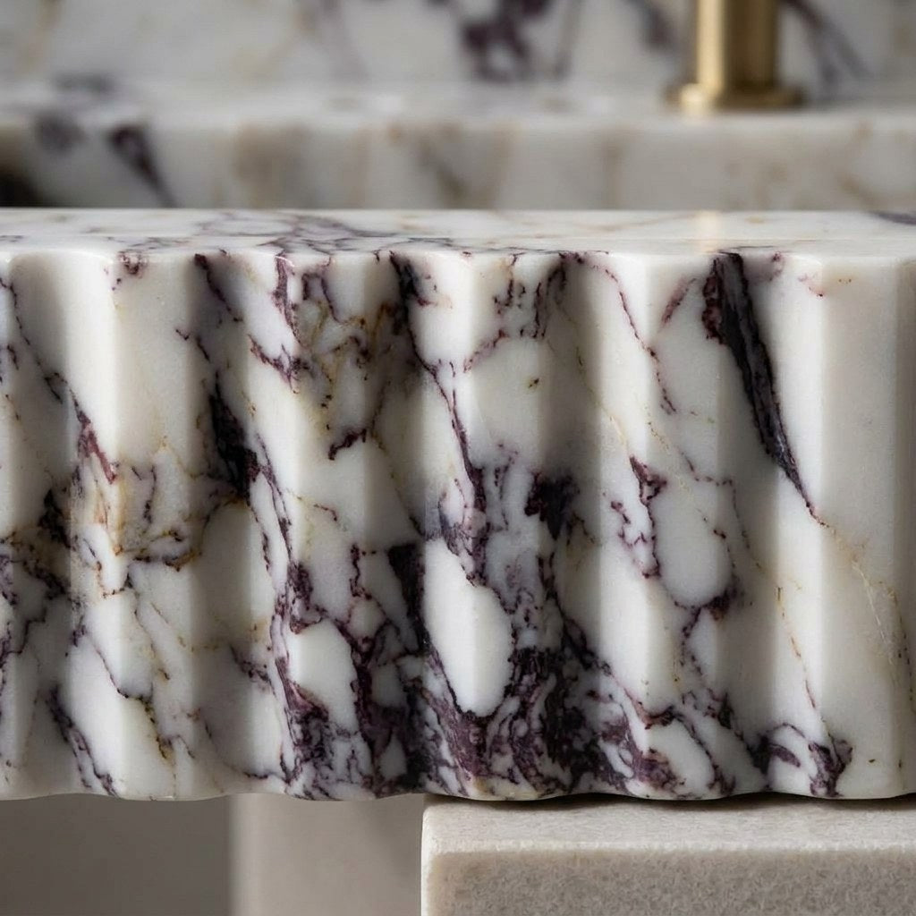 Calacatta Viola Fluted Marble Sink with Backsplash — marble detail — view 3