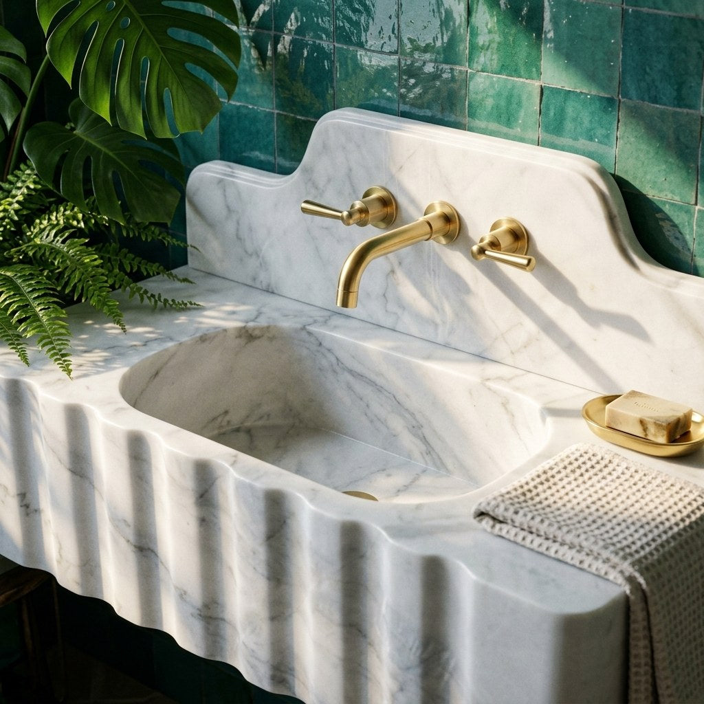 Carrara Fluted Marble Sink with Backsplash — premium — view 2