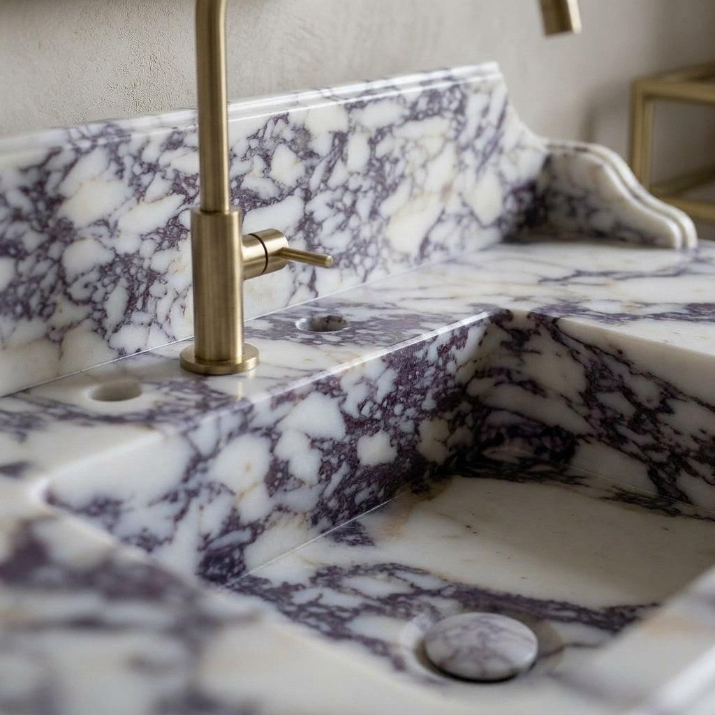 Calacatta Viola Marble Sink with Brass Stand and Backsplash — marble detail — view 3