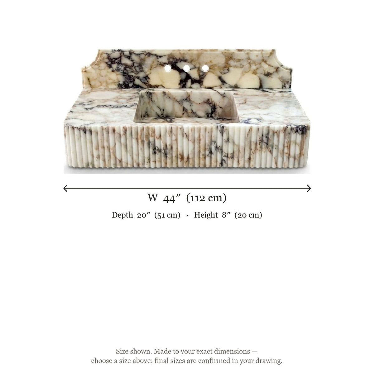 Calacatta Gold Fluted Marble Sink with Backsplash — dimensions — view 5