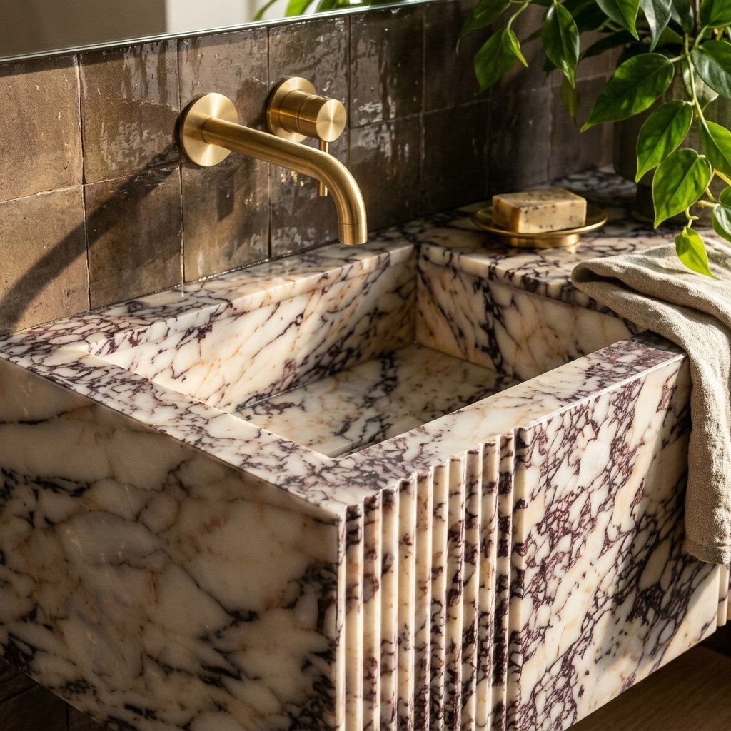 Calacatta Viola Fluted Polished Marble Sink — premium — view 2