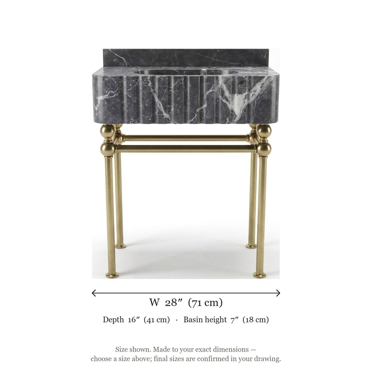 Pietra Notte Fluted Marble Sink with Champagne Gold Stand — dimensions — view 5