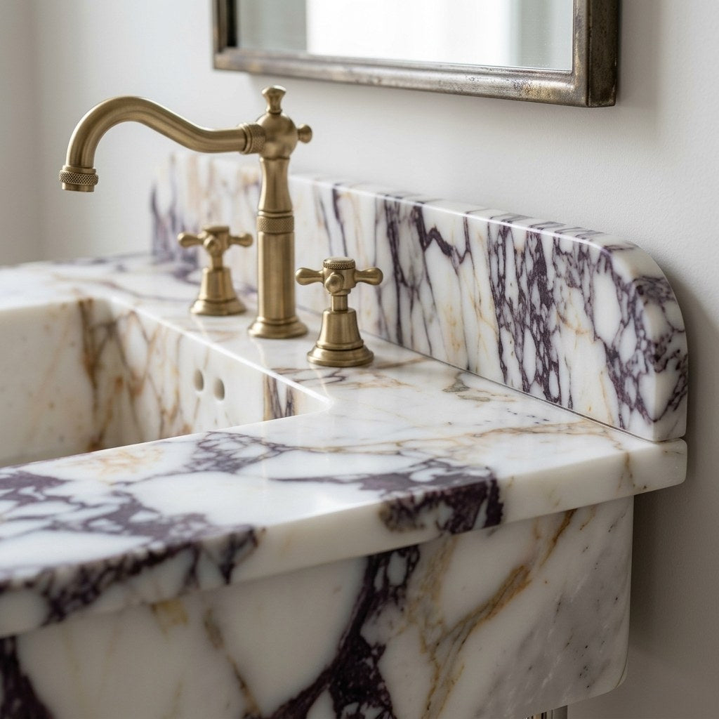 Calacatta Viola Marble Sink with Metal Stand and Backsplash — marble detail — view 2